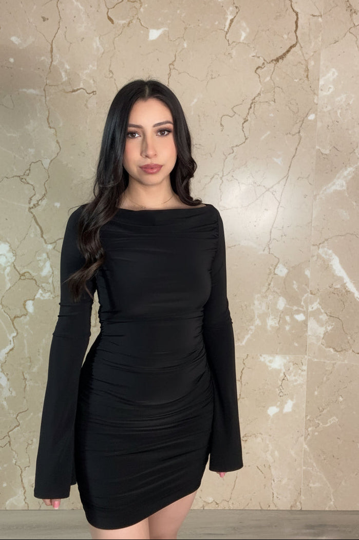 Long bell sleeve boat neckline mini dress