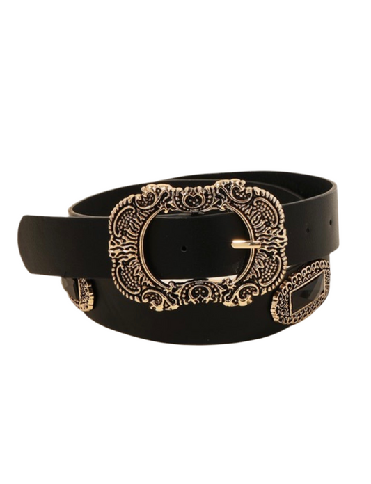 Embroidered Buckle Faux leather belt (Black)