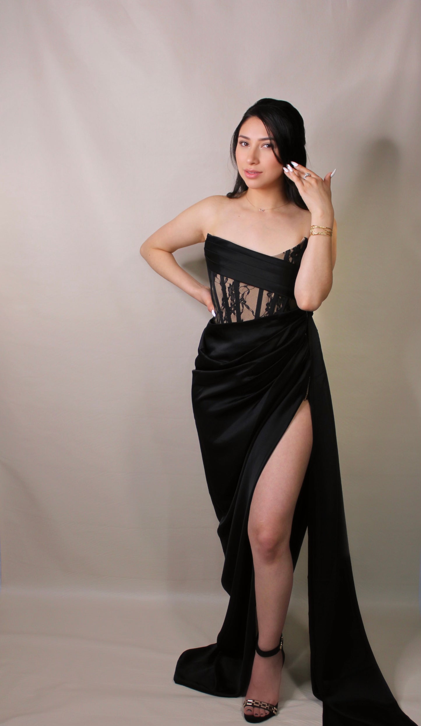 Black Lace Satin Corset Gown