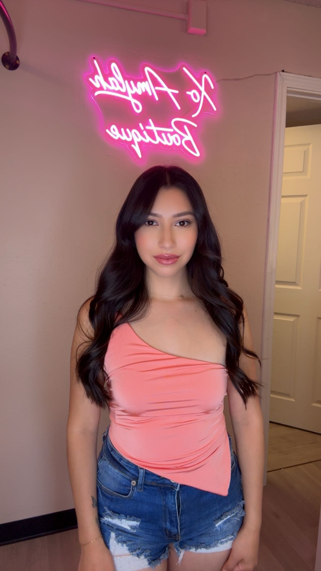 One shoulder bandana top(Light Coral)