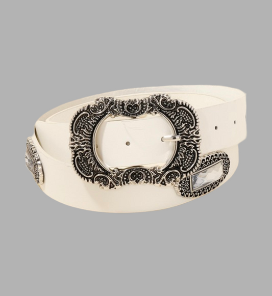 Embroidered Buckle Faux leather belt (White)