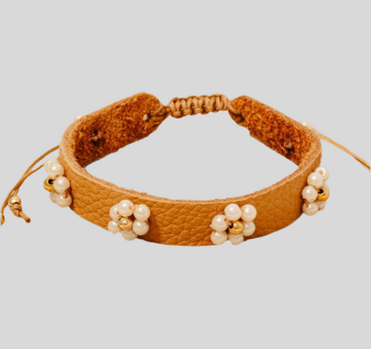 Pearl Flower Faux Leather Cord bracelet